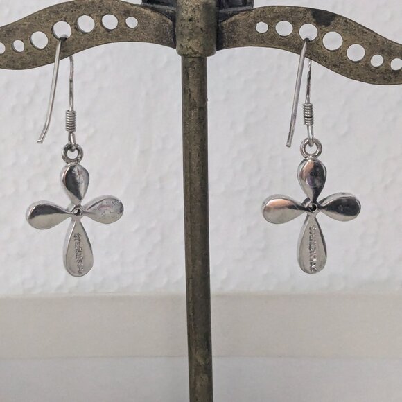 Sterling Silver AK Opal Inlay Christian Cross Dangle Pierced Earrings - Picture 3 of 5